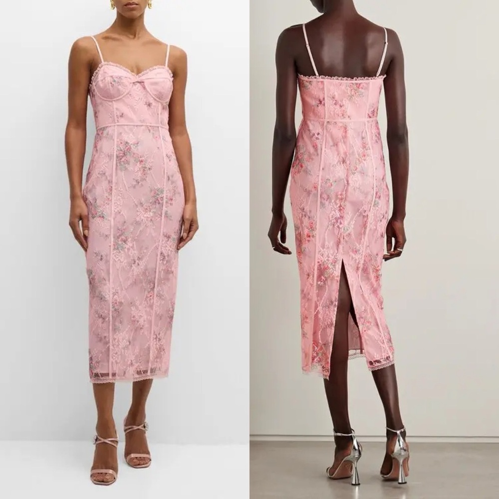 LoveShackFancy Tresor Floral Lace Bustier Midi Dress Pink Size 00